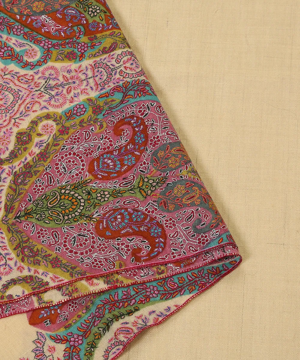 Yellow Handwoven Pure Pashmina Shawl with Kalamkari and Sozni Work