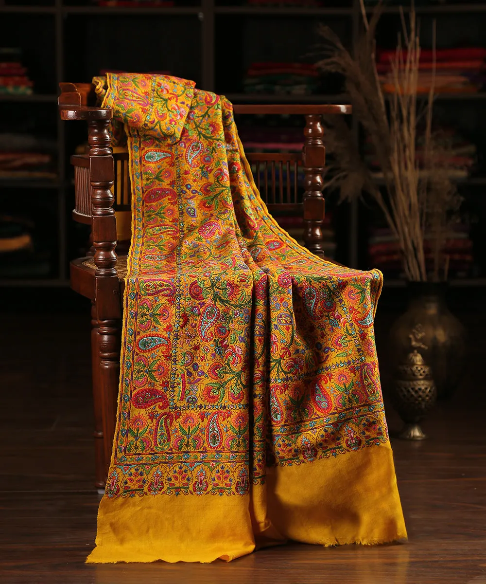 Yellow Handwoven Pure Pashmina Shawl With Red And Green Resham Bharan Embroidery