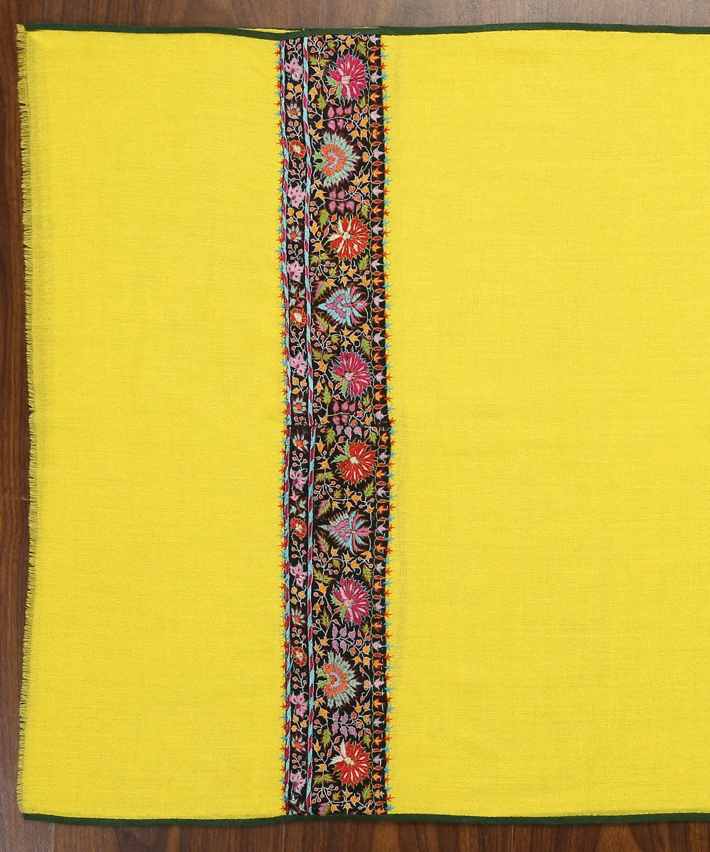 Yellow Handwoven Pure Pashmina Stole With Hand Appliqued Kashidakari Border