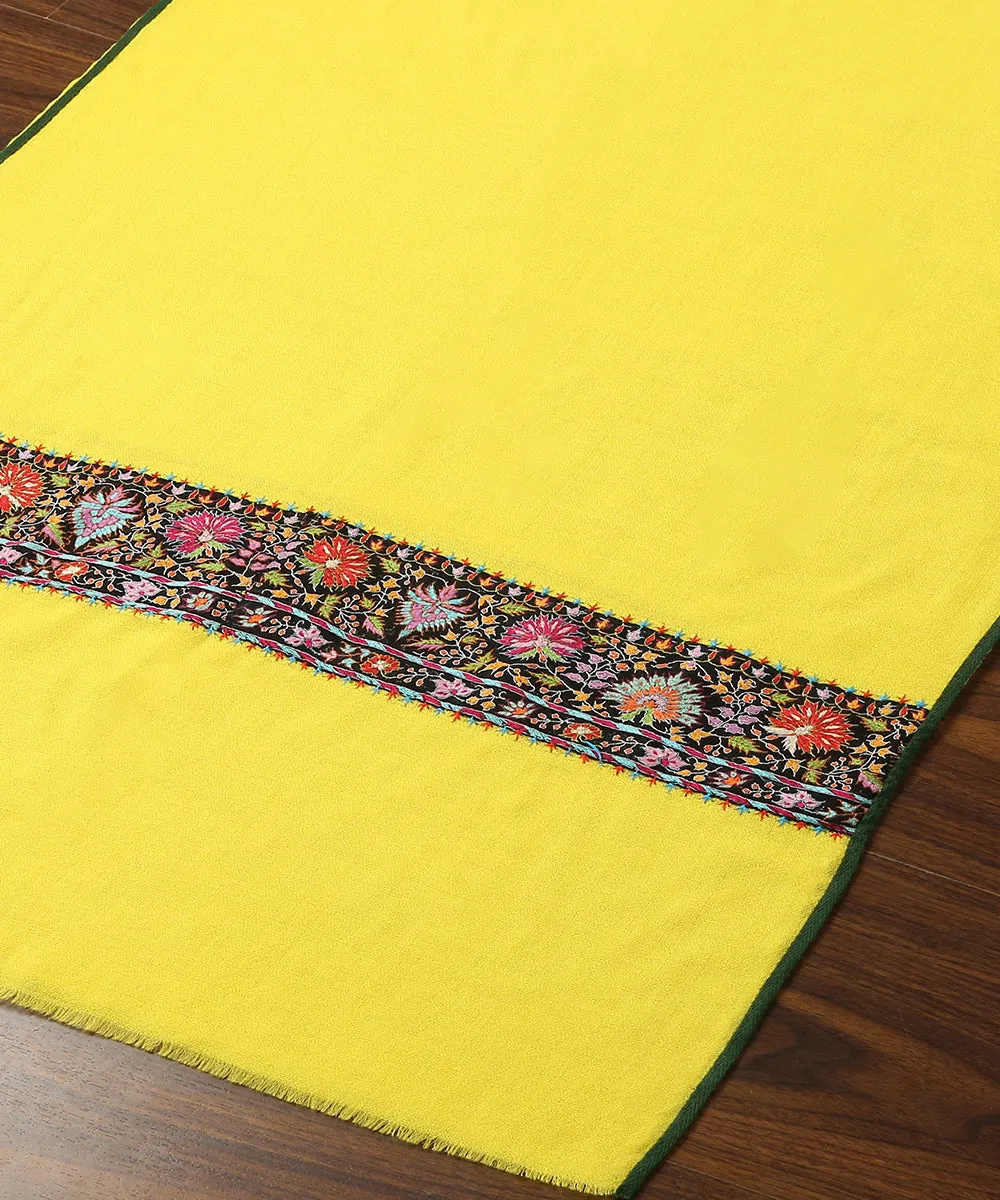 Yellow Handwoven Pure Pashmina Stole With Hand Appliqued Kashidakari Border