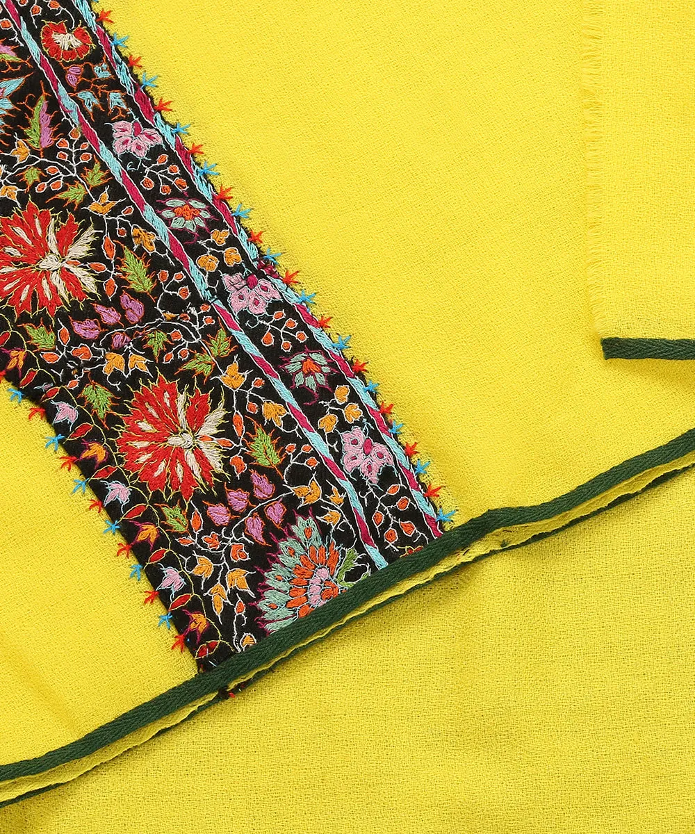 Yellow Handwoven Pure Pashmina Stole With Hand Appliqued Kashidakari Border