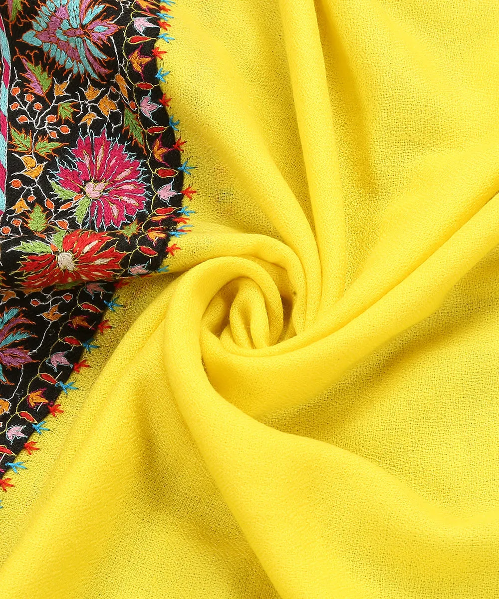 Yellow Handwoven Pure Pashmina Stole With Hand Appliqued Kashidakari Border