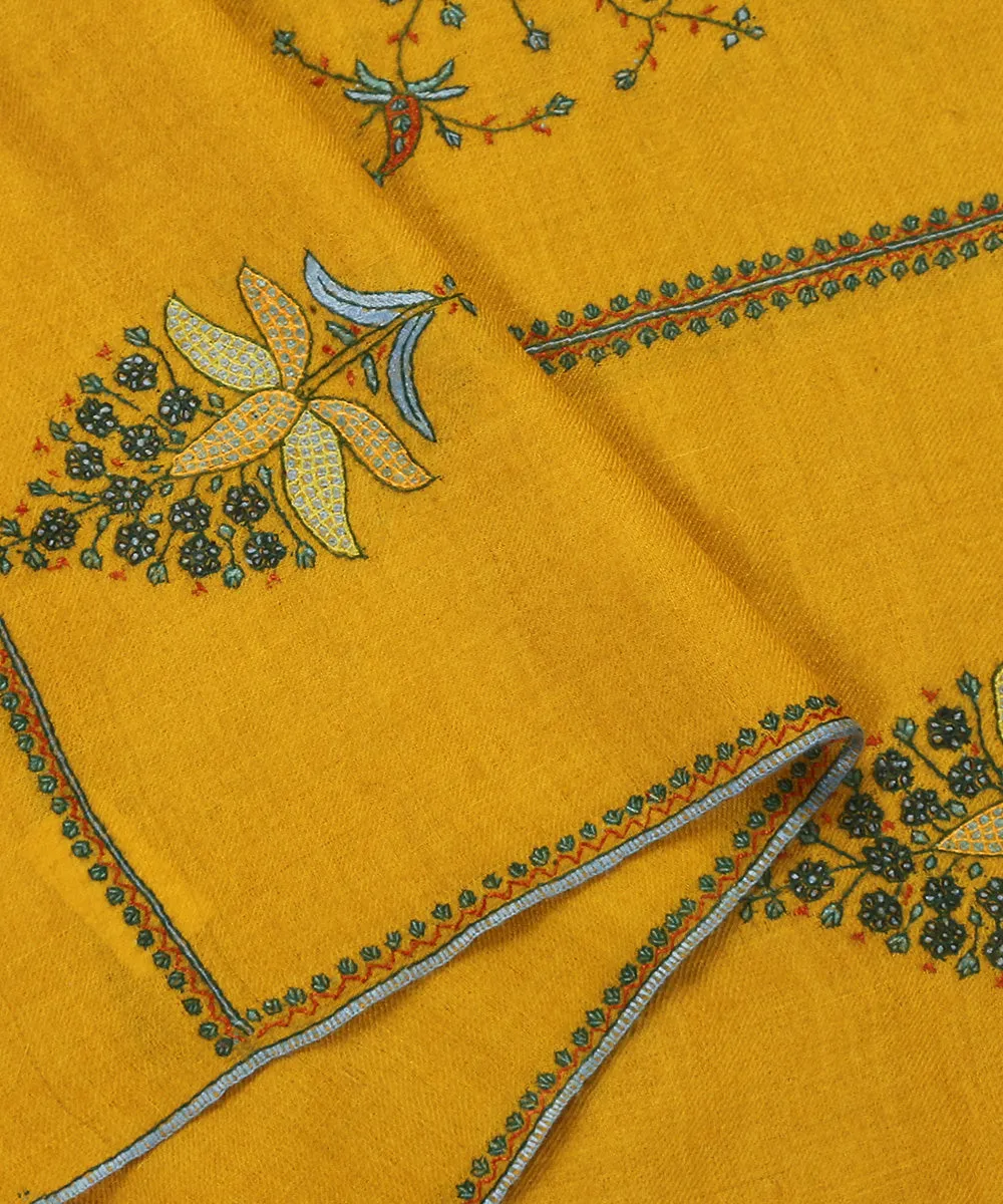 Yellow Handwoven Pure Pashmina Stole with Paper Mache and Sozni Embroidery