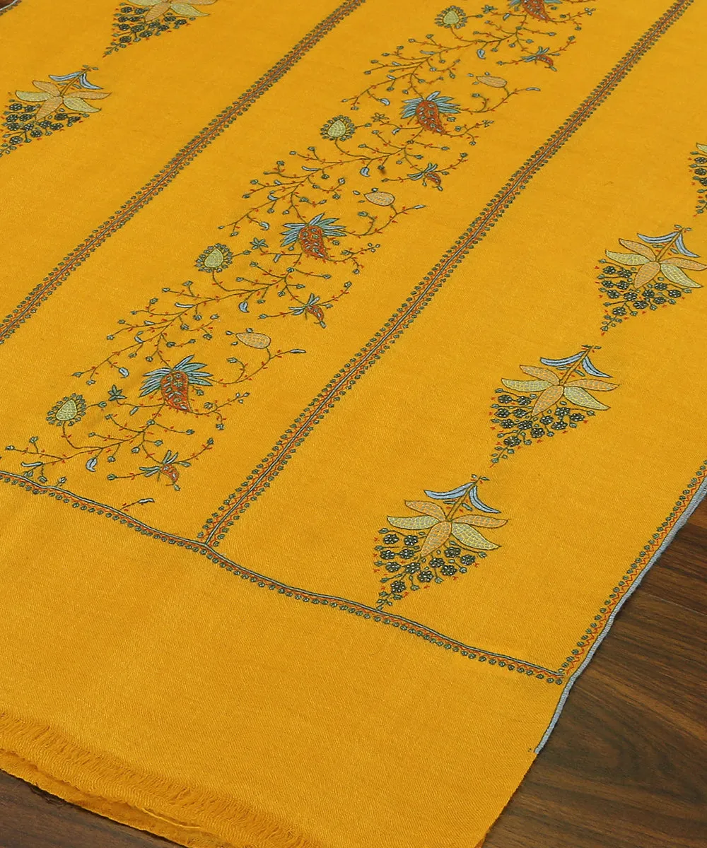 Yellow Handwoven Pure Pashmina Stole with Paper Mache and Sozni Embroidery