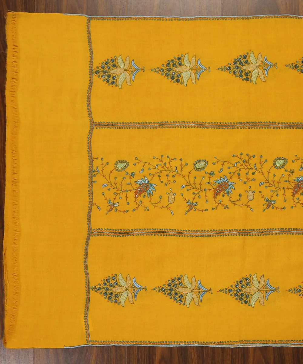 Yellow Handwoven Pure Pashmina Stole with Paper Mache and Sozni Embroidery