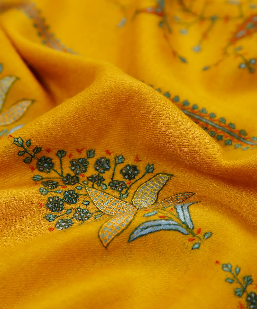 Yellow Handwoven Pure Pashmina Stole with Paper Mache and Sozni Embroidery