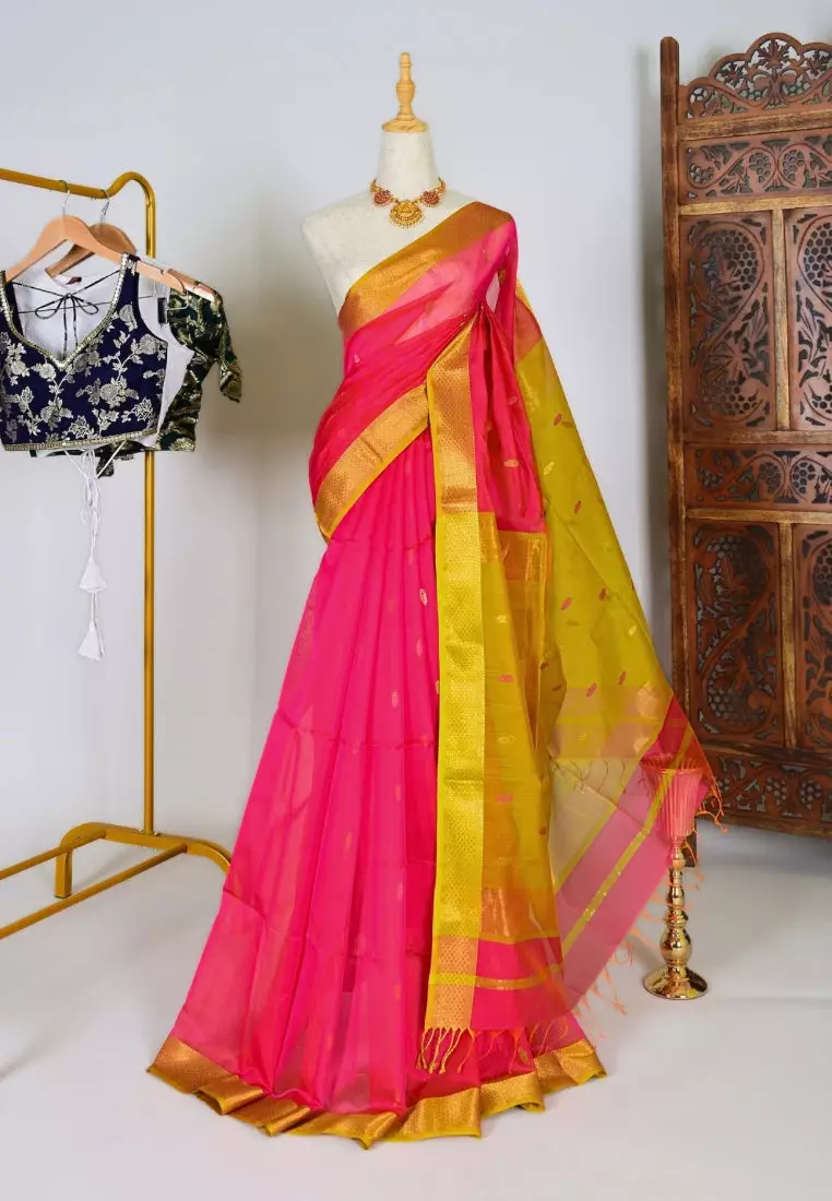 Yeshan Sarees Peach-Neon-Yellow Handwoven Pure-Silk-Cotton Butta-Pallu Maheshwari-Saree