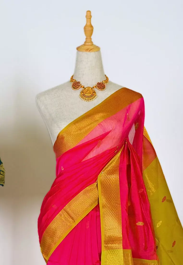 Yeshan Sarees Peach-Neon-Yellow Handwoven Pure-Silk-Cotton Butta-Pallu Maheshwari-Saree