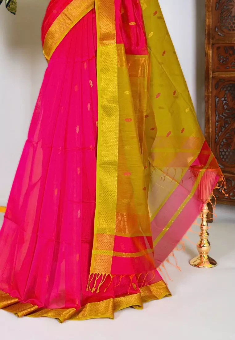 Yeshan Sarees Peach-Neon-Yellow Handwoven Pure-Silk-Cotton Butta-Pallu Maheshwari-Saree