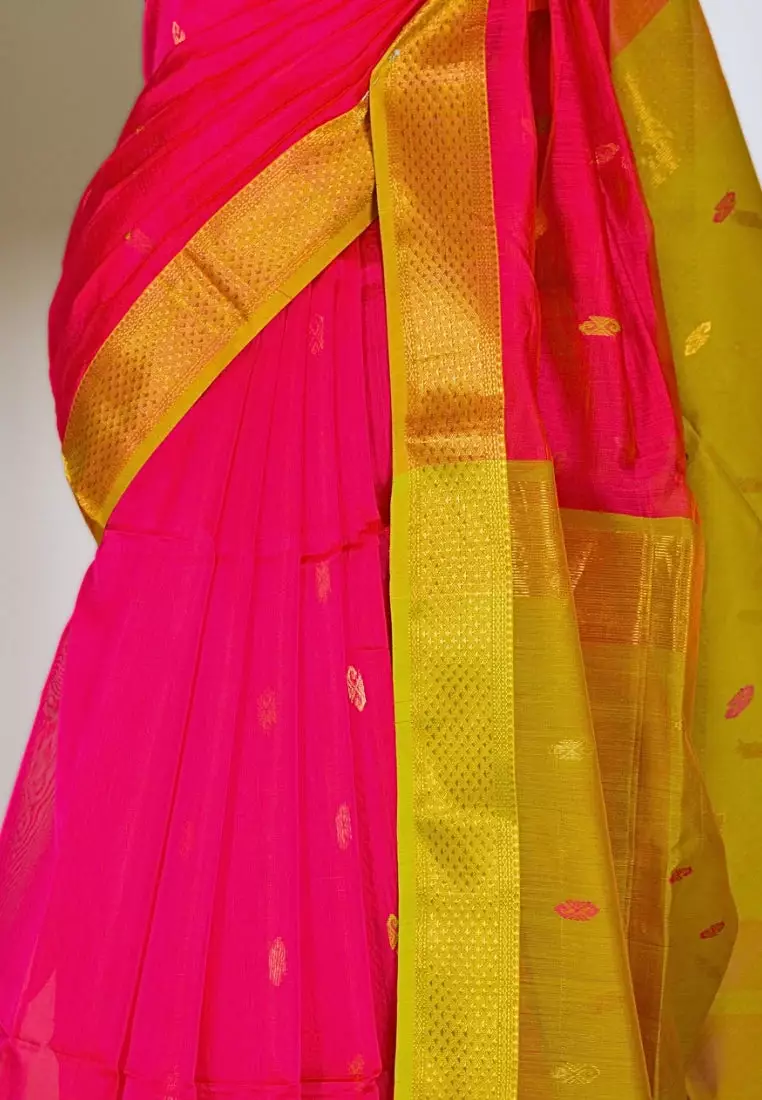 Yeshan Sarees Peach-Neon-Yellow Handwoven Pure-Silk-Cotton Butta-Pallu Maheshwari-Saree